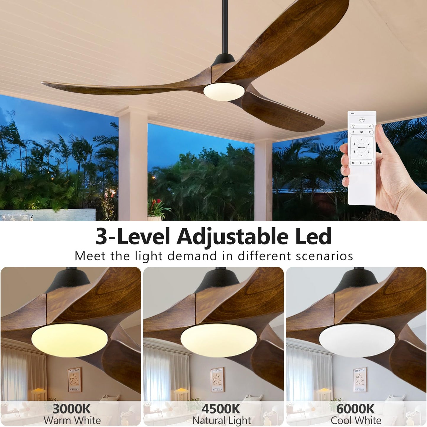 ABZ Ceiling Fans with Lights - 60 inch Propeller Ceiling Fan with Remote Control, 3 Blades Walnut Solid Wood Ceiling Fan for Indoor Outdoor Patio Bedroom Living Room Kitchen