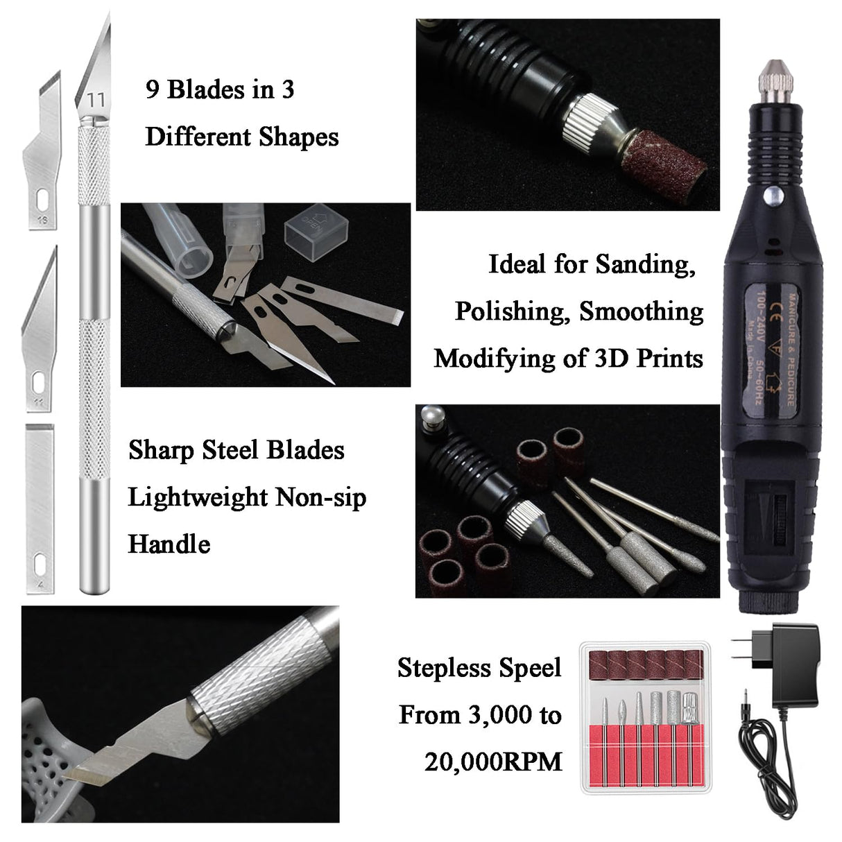 ELITECTK 3D Print Finishing Tools, 3D Printing Smoothing Tools Kit Includes Digital Soldering Iron, Deburring Tool, Electric Polishing Machine and ABS Storage Toolbox for 3D Print Trimming Modifying ELITECTK