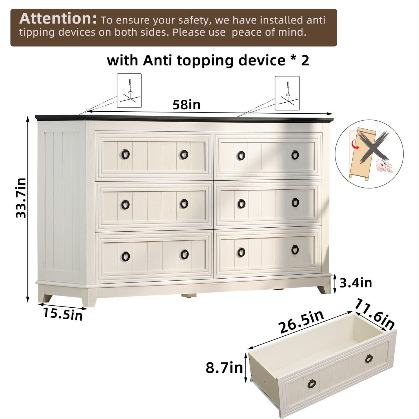 Joaxswe Farmhouse Furniture Set, Nightstands Set of 2 and 6 Drawers Dresser for Bedroom, 58 Inch Wide Wood Dresser and 18" Night Stands with Charging Station for Bedroom, Living Room, Hallway - WoodArtSupply