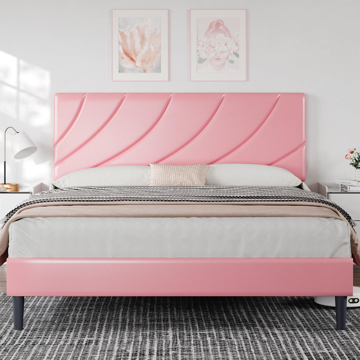 HOMBCK Queen Size Bed Frame/Faux Leather Upholstered Platform Bed with Headboard/Strong Wooden Slats/No Box Spring Needed/Easy Assembly/Pink HOMBCK