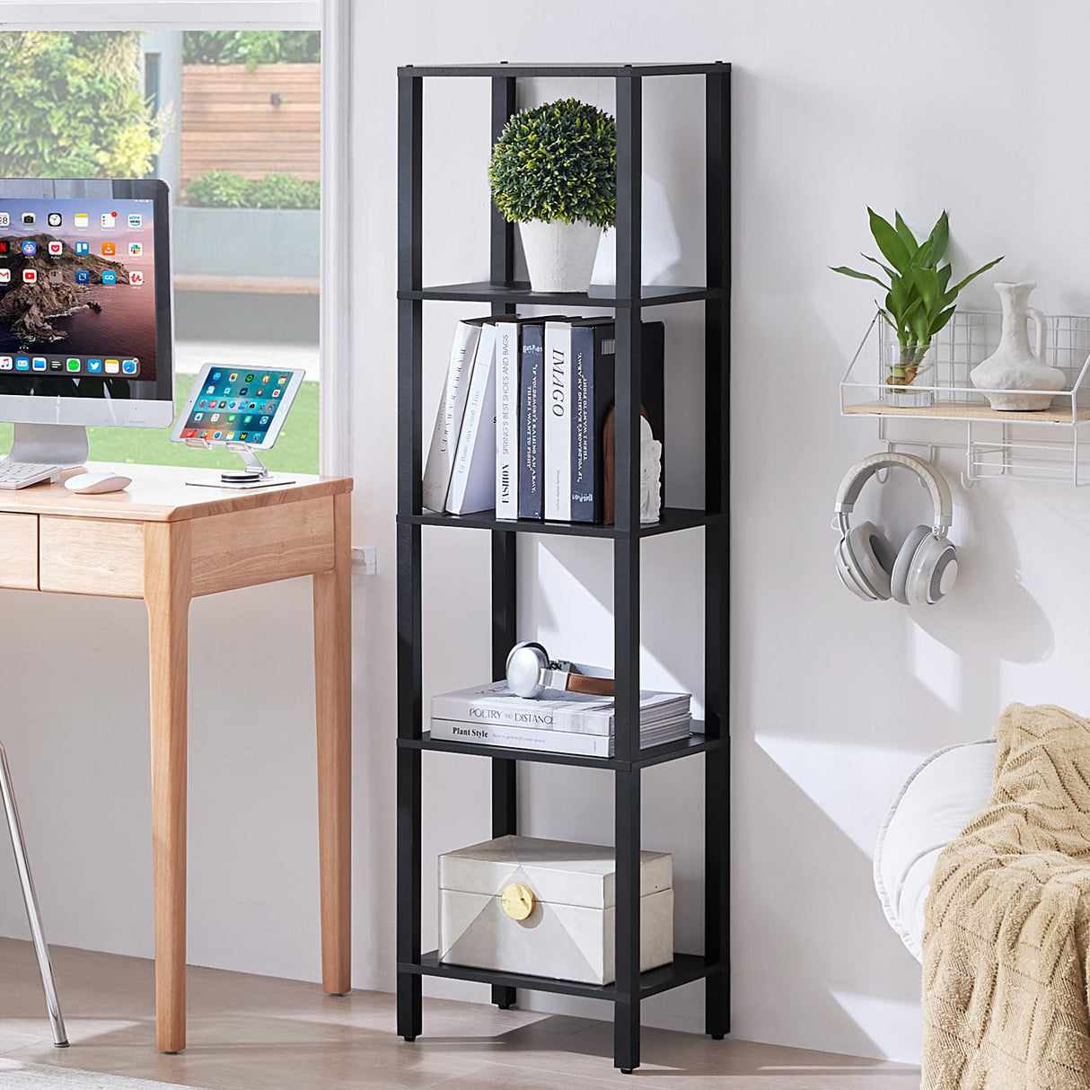 YUFAM 54in Tall Bookshelf 5-Tier Small Narrow Bookcase, Skinny Book Shelf for Small Space, Farmhouse Slim Shelf with Storage, Wood Freestanding Display Thin Bookshelves for Living Room, Office, Black YUFAM