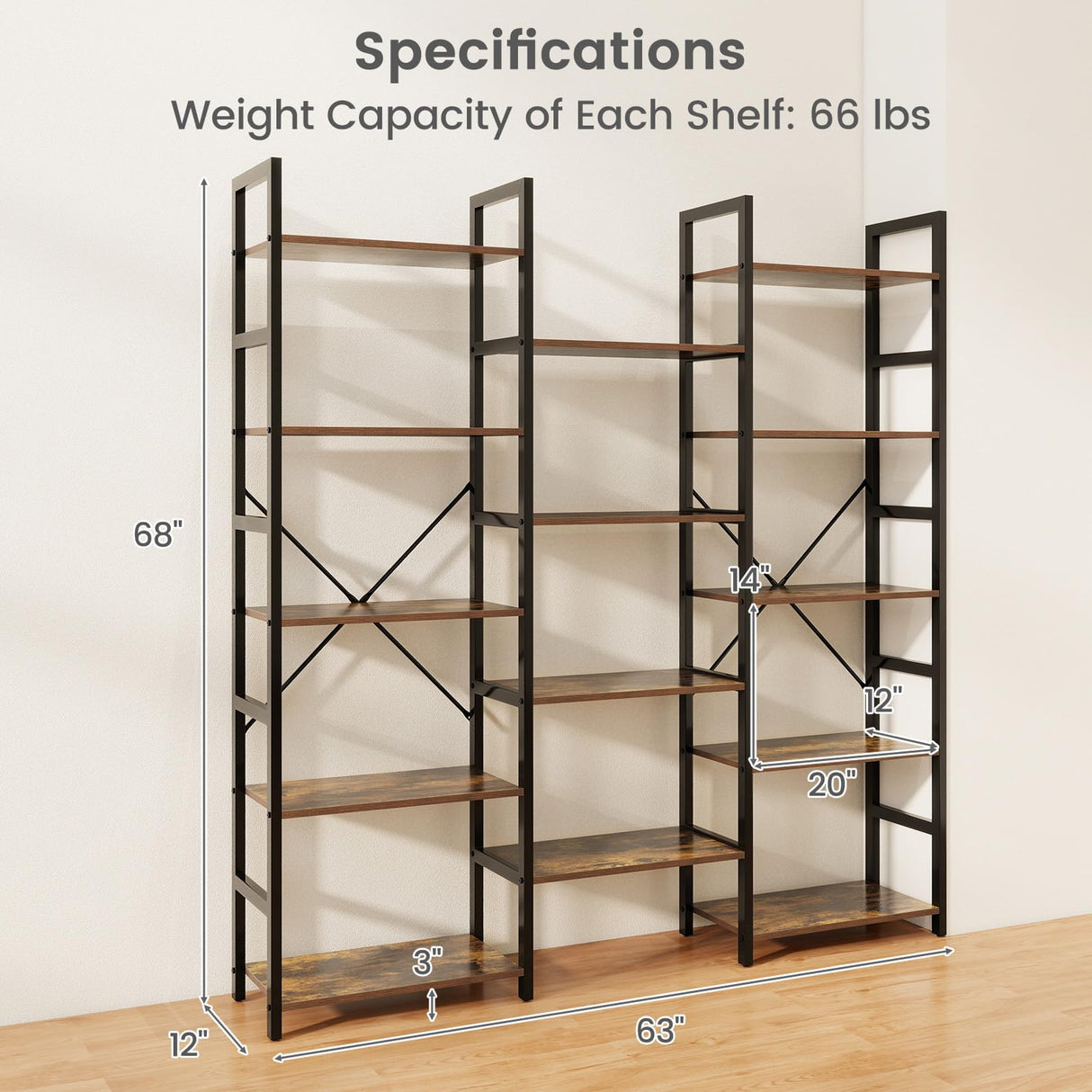 Giantex 5-Tier Industrial Bookshelf, Triple Wide Heavy-Duty Metal Frame Bookcases w/ 14 Open Shelves, Large Floor Standing Display Shelf Rack w/Anti-tip Kits, Storage Shelf for Living Room Study Giantex