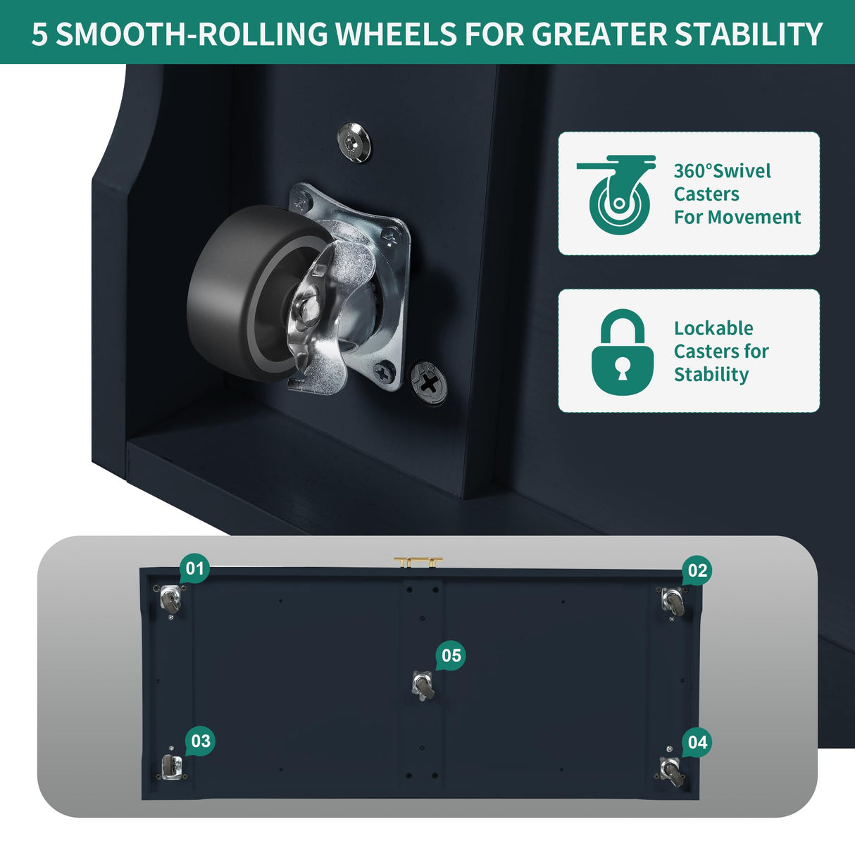 YITAHOME 53 inch Large Rolling Kitchen Island with Trash Can Storage Cabinet, Portable Mobile Islands Table Long Floating Movable w Wheels Cabinet for 13 Gallon Garbage Bin 2 Drawer, Navy Blue YITAHOME