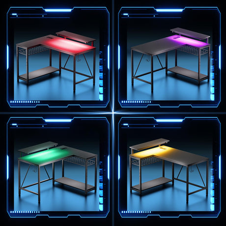 Bestier Gaming Desk with Power Outlets, 42" L-Shaped Gaming Desk with LED Lights, Desk with Reversible Storage Shelves & Hooks for Small Spaces, Bedrooms & Offices, Black Carbon Fiber Bestier