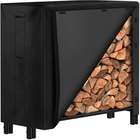 AMAGABELI GARDEN & HOME 4ft Firewood Rack With Cover Combo Set Waterproof Outdoor Log Holder, Fireplace Heavy Duty Stacker Pit for Patio Logs Storage Steel Tubular Wood Pile Tool Accessories Black AMAGABELI GARDEN & HOME