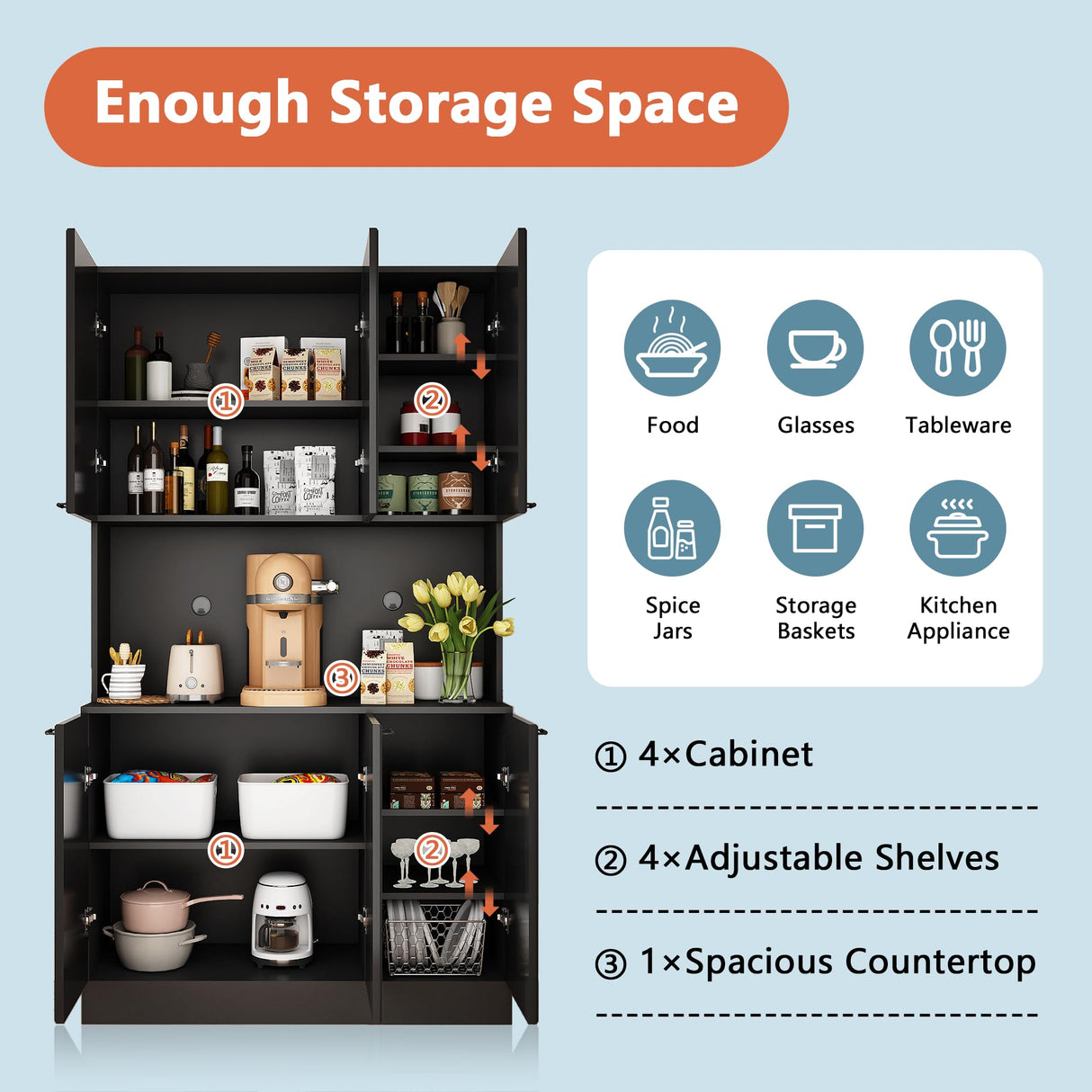 PHOYAL Kitchen Pantry, Kitchen Hutch Cabinet, Farmhouse Storage Cabinet Large Kitchen Pantry Storage Cabinet 71” Pantry Cabinet with 6 Doors and 1 Drawer for Kitchen Dining Room, Black PHOYAL