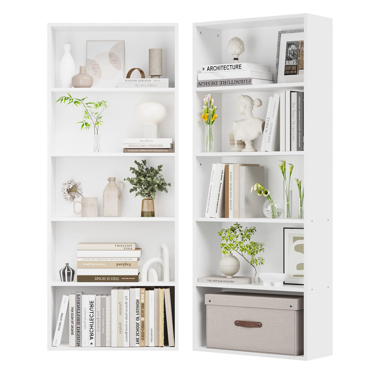 oneinmil Bookshelf 5-Tier Set of 2 Open Bookcase and Bookshelves Wooden Floor Standing Display Wide Storage Shelves Rack 60" Tall for Home Offices, Living Rooms, and Bedrooms, White oneinmil