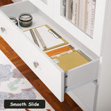 YIGOBUY White Bookcase with Glass Doors 4-Tier Tall Bookshelf with Cabinet and Drawers Wood Curio Storage Cabinets Wide 4 Cube Storage Organizer for Living Room Bedroom Bathroom Office Kitchen YIGOBUY