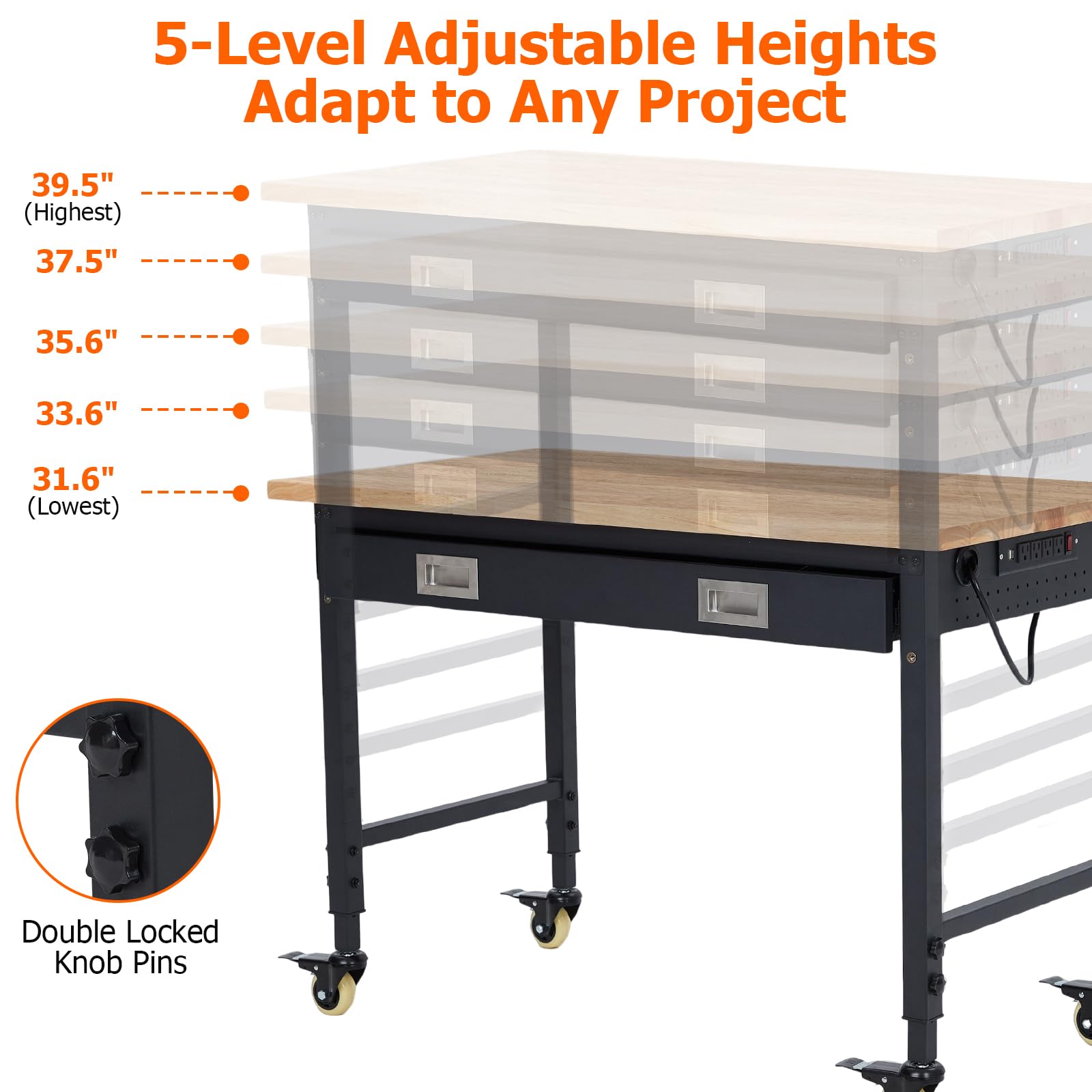 GarveeTech Adjustable Workbench for Garage, 48" Rubber Wood Top Workbench with Drawer Storage Pegboard, 2000 Lbs Load Capacity, Heavy Duty Workstation with Power Outlets & Wheels, Tool Storag - WoodArtSupply