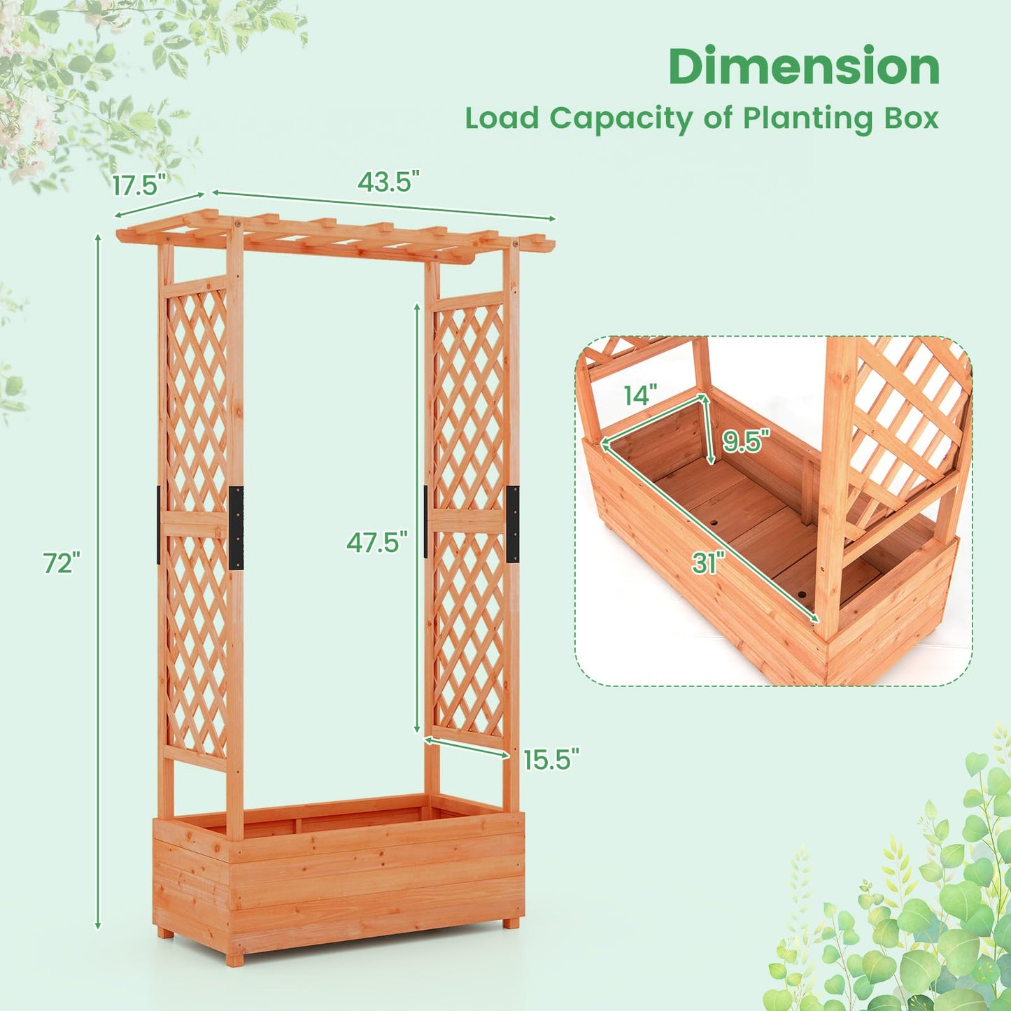 Giantex Set of 2 Raised Garden Bed with 2-Sided Trellis & Hanging Roof, Fir Wood Planter Box w/Drainage Holes, Freestanding Garden Planter for Flowers Herbs Climbing Vines (43.5" x 17.5" x 72")