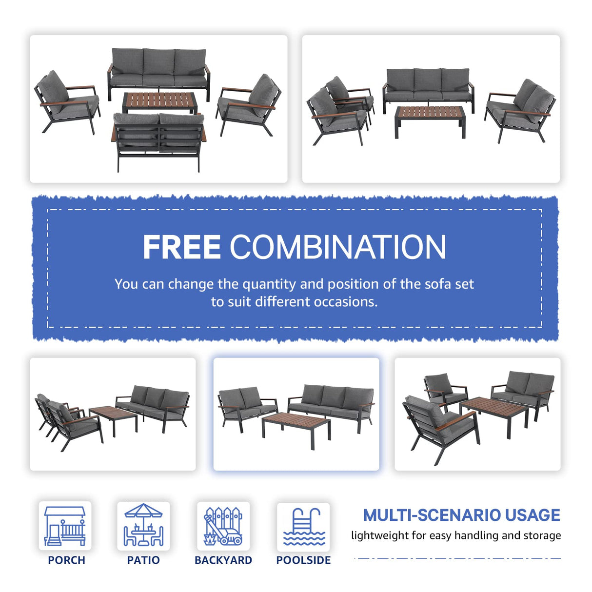 Soleil Jardin Aluminum Patio Furniture Set with FSC Certified Solid Wood Top Armrest & Coffee Table, Outdoor Deep Seating Sectional Sofa, 5 Piece Conversation Sets w/Removable Cushion, Dark Grey Soleil Jardin