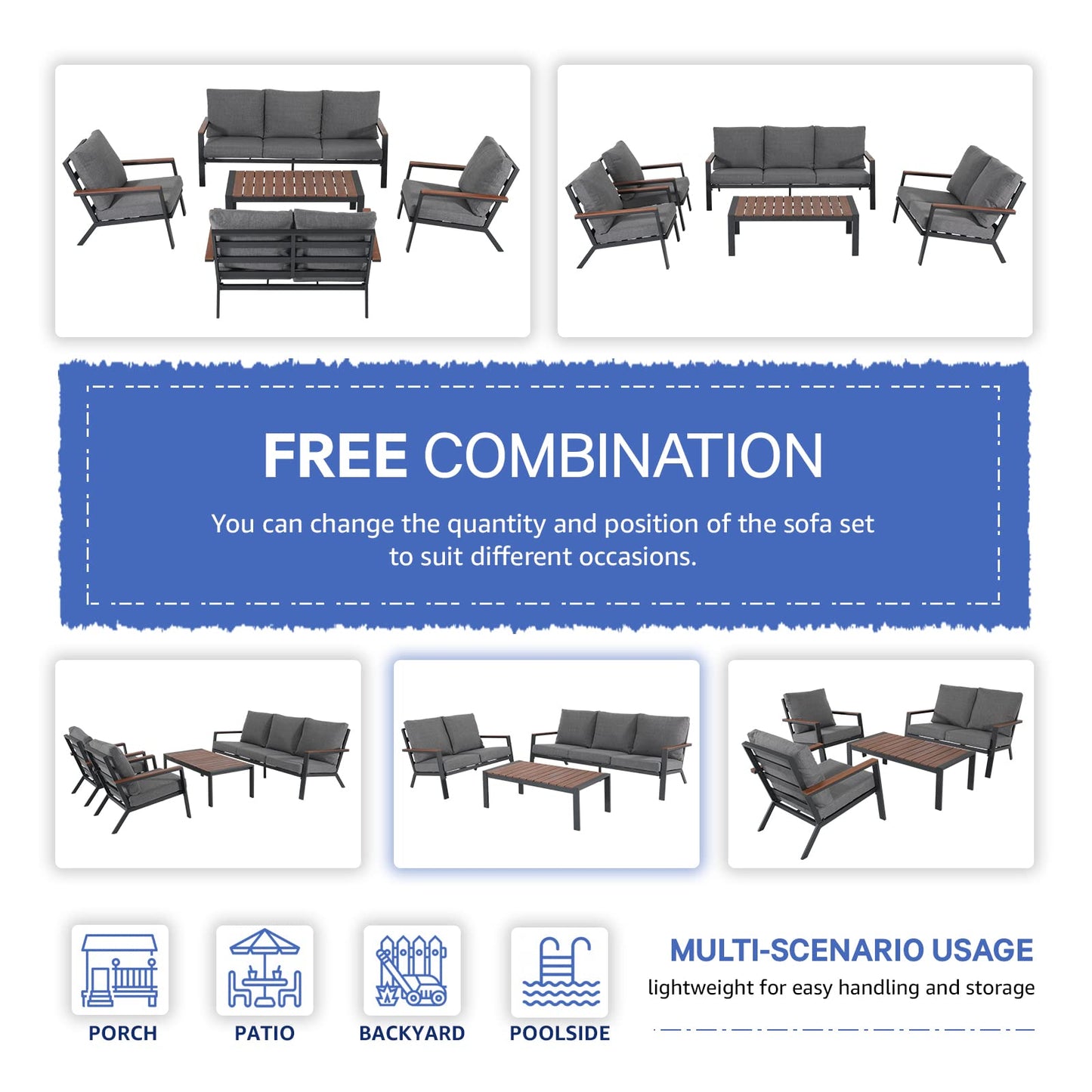 Soleil Jardin Aluminum Patio Furniture Set with FSC Certified Solid Wood Top Armrest & Coffee Table, Outdoor Deep Seating Sectional Sofa, 5 Piece Conversation Sets w/Removable Cushion, Dark G - WoodArtSupply