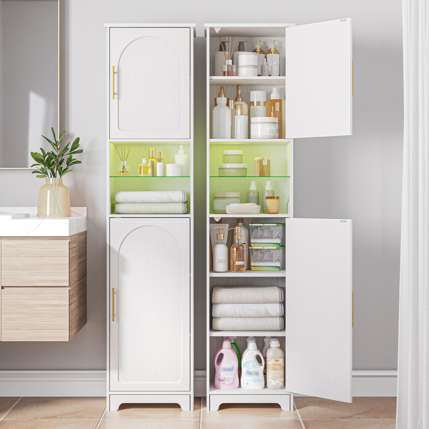 Hzuaneri Tall Bathroom Storage Cabinet with LED Lights, Bathroom Floor Freestanding Cabinet with Open Space, Adjustable Shelves, Tall Corner Cabinet for Bathroom, Living Room, Laundry, White SC28313X