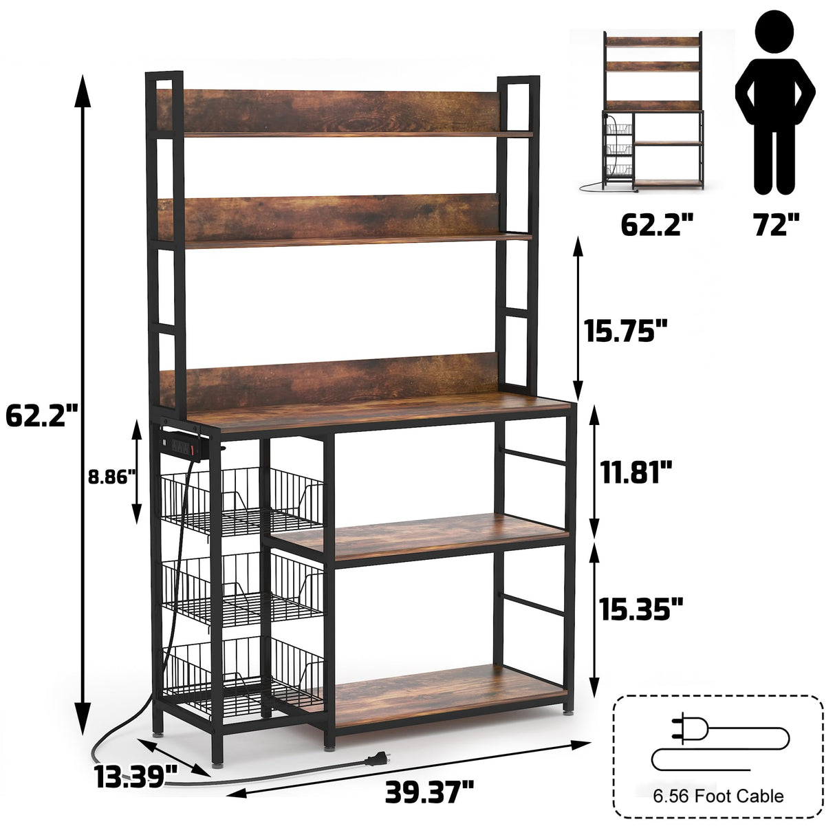 Chnnmbrn Kitchen Bakers Rack with Baskets and Power Outlet,5-Tier Kitchen Utility Storage Shelf with Hooks, Microwave Oven Stand Rack,Vintage Brown Free Standing Kitchen Shelf (Brown) Chnnmbrn