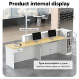 Anzhap L-Shaped Standing Reception Desk with LED Lights, Front Desk Reception Counter with Drawer, Open Storage Cabinets for Office, Salon, Lobby (Maple + White/Right, 71" L * 24" W * 39" H) Anzhap