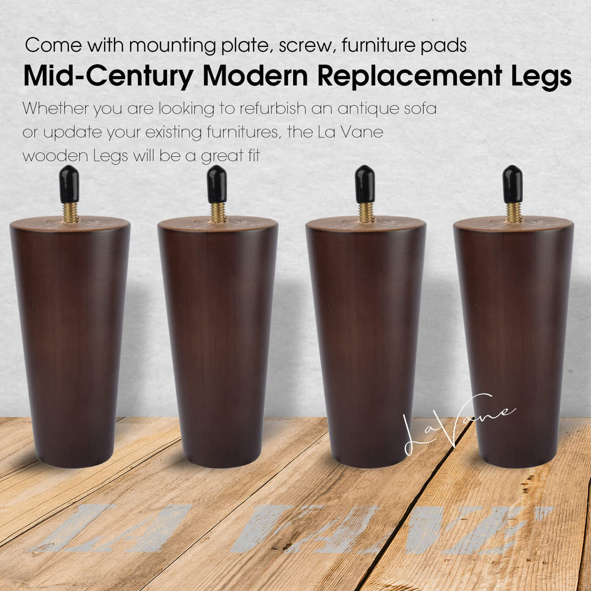 La Vane 4 inch / 10cm Wooden Furniture Legs, Set of 4 Walnut Solid Wood Tapered M8 Furniture Replacement Feet with Pre-Drilled 5/16 Inch Bolt & Mounting Plate & Screws for Sofa Chair Couch Ottoman La Vane