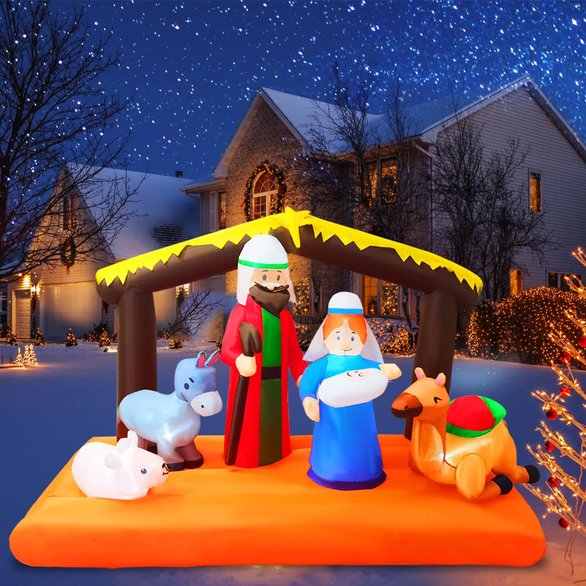 8 FT Christmas Inflatable Nativity Scene with Baby Jesus, Parents, Donkey, Sheep, Star, Blow Up Birth of Jesus Manger Scene Set Indoor & Outdoor Decorations Garden, Lawn, Yard, Christmas Parties AIGNC