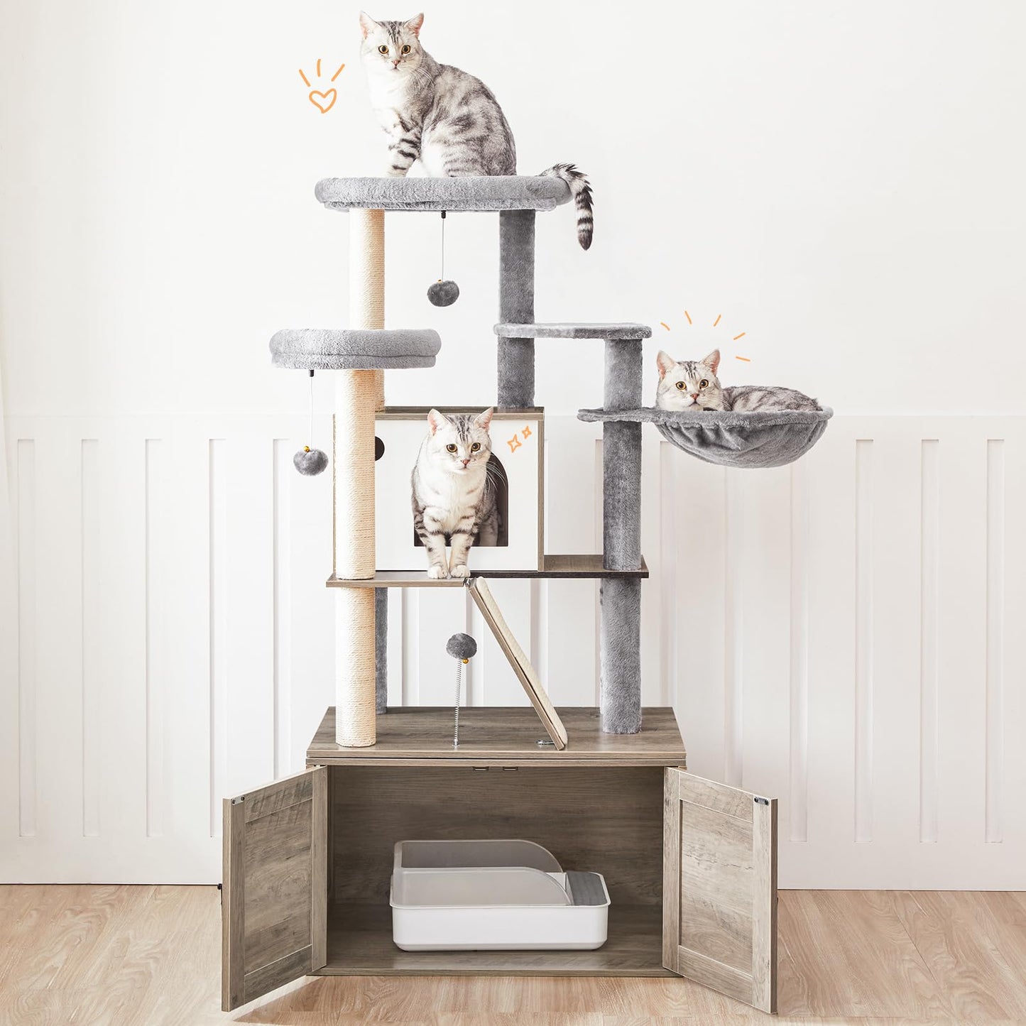 HOOBRO Cat Tree with Litter Box Enclosure, 59.1" Tall 2-in-1 Versatile Cat Tower with Hidden Litter Box Furniture, Cat Condo, Dangling Balls, Scratching Posts, Scratching Board, Greige BG50MZ03