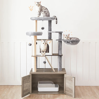 HOOBRO Cat Tree with Litter Box Enclosure, 59.1" Tall 2-in-1 Versatile Cat Tower with Hidden Litter Box Furniture, Cat Condo, Dangling Balls, Scratching Posts, Scratching Board, Greige BG50MZ03