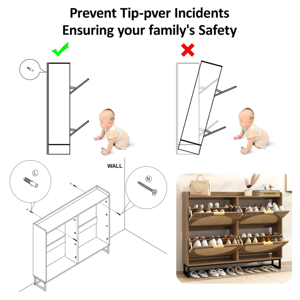 Maupvit Large Rattan Shoe Storage Cabinet with 4 Flip Drawers, Freestanding Shoe Organizer with Metal Legs for Entryway, Hidden Golden Handles, Narrow Shoe Rack Cabinet, Rustic Oak Rattan Maupvit