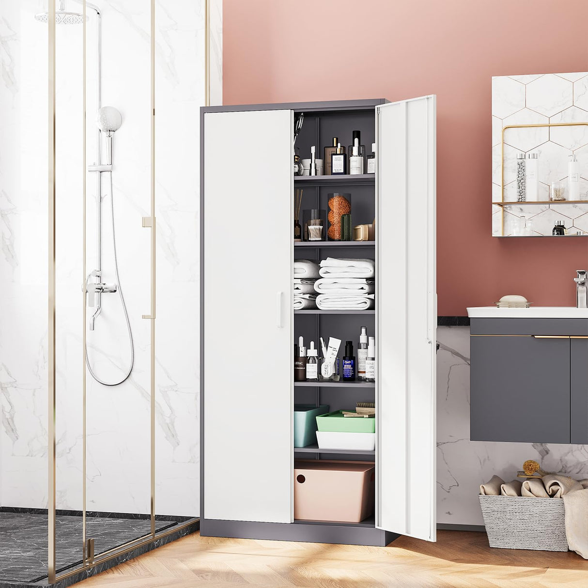 Fesbos Metal Storage Cabinet-72” Tall Steel File Cabinets with Lockable Doors and 5 Adjustable Shelves-Gray&White Steel Storage Cabinet for Home, School, Office, Garage Fesbos