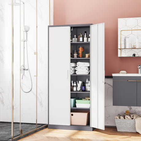 Fesbos Metal Storage Cabinet-72” Tall Steel File Cabinets with Lockable Doors and 5 Adjustable Shelves-Gray&White Steel Storage Cabinet for Home, School, Office, Garage Fesbos