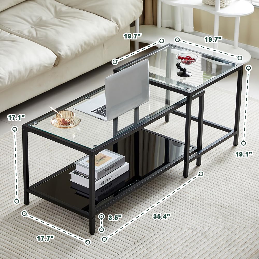 Coffee Table Nesting Set of 2, Center Coffee Table Set with Tempered Glass, Modern Side Tables for Living Room, Bedroom, Office and Nightstand, Black Btrpily