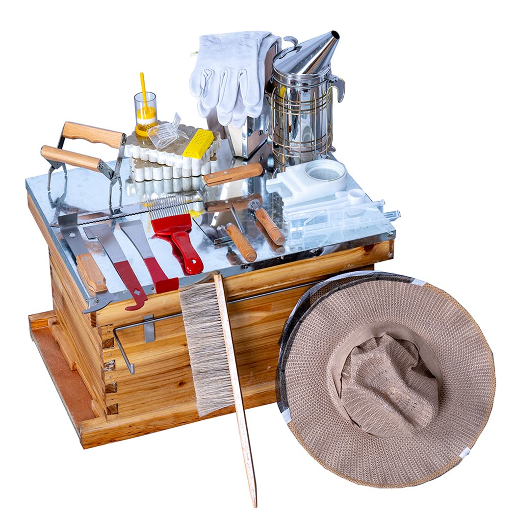Beehive Starter Kit 8-Frame Bee Boxes and Frames Starter Kit Wax Coated Bee Hives and Supplies Starter Kit Including Beekeepig Tools Kit with Beekeeping Veil MayBee