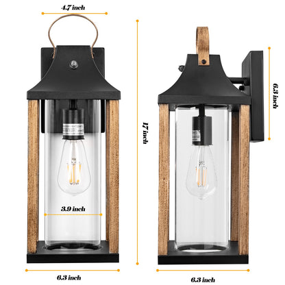 Roravilila Dusk to Dawn Outdoor Light Fixture Rustic Wood, 17” Large Outside Light for House Cylindrical Glass IP65 Waterproof Outdoor Lantern Scone Farmhouse Porch Light Exterior Wall Mounte - WoodArtSupply