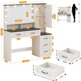 Farmhouse Vanity Desk with Mirror and 10 Led Lights, 45.3 " Large Makeup Vanity Table with Power Outlet, 5 Drawers and 1 cabinet, Vanity Set Dressing Table with 9 Hooks for Women Girls (White+Black) DINGIPP