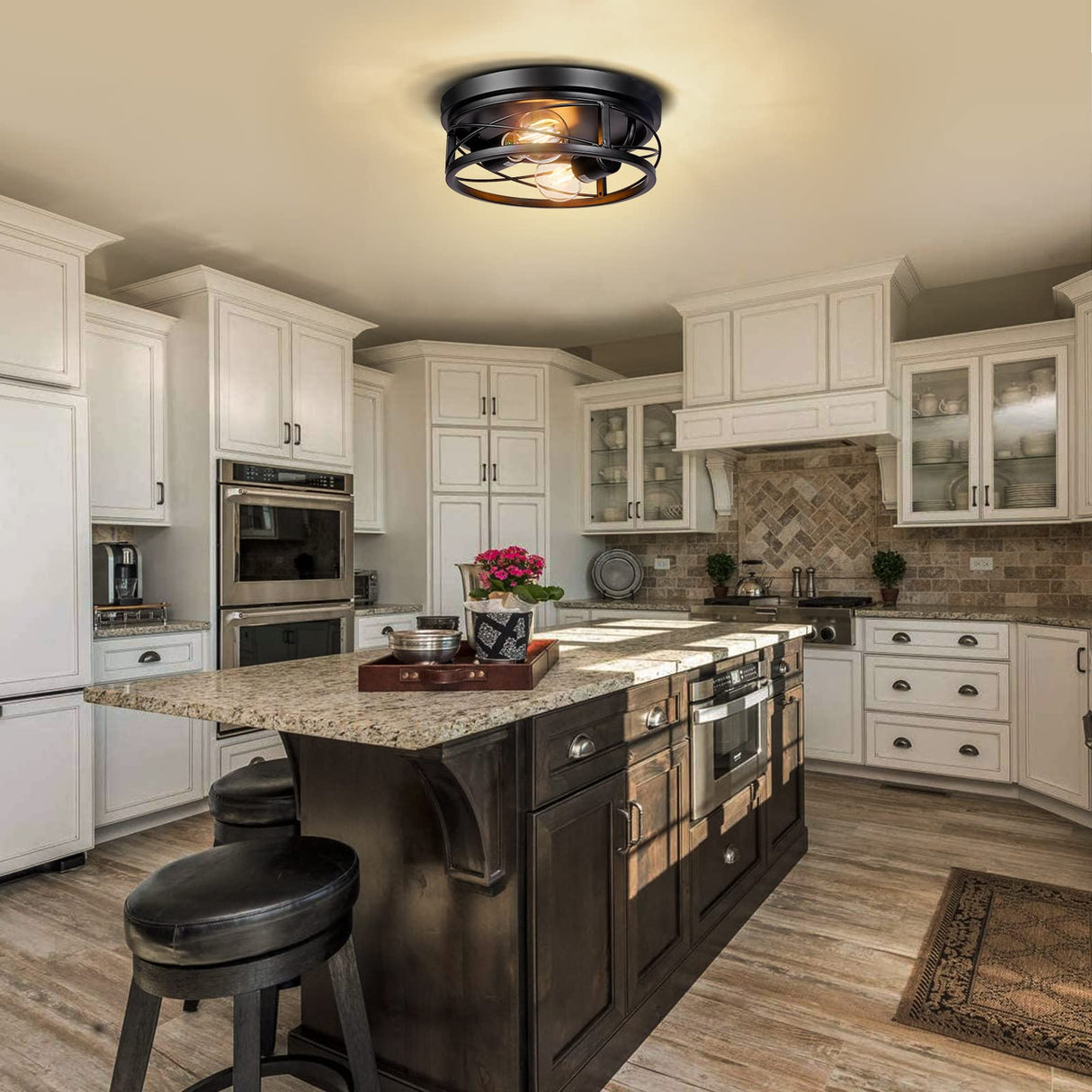 Feanron Farmhouse 2-Light Black Flush Mount Ceiling Light Fixtures, Industrial Vintage Metal Cage Closed to Ceiling Mount Lamp for Hallway Kitchen Bedroom 2 Pack, A19 LED Bulbs Included Feanron