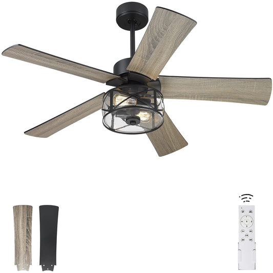 YOUKAIN Farmhouse Ceiling Fans, 48 Inch Industrial Ceiling Fan with Light and Remote Control, Clear Glass, 5-Reversible Blades with Matte Black/Wooden Finish, 52-YJ632