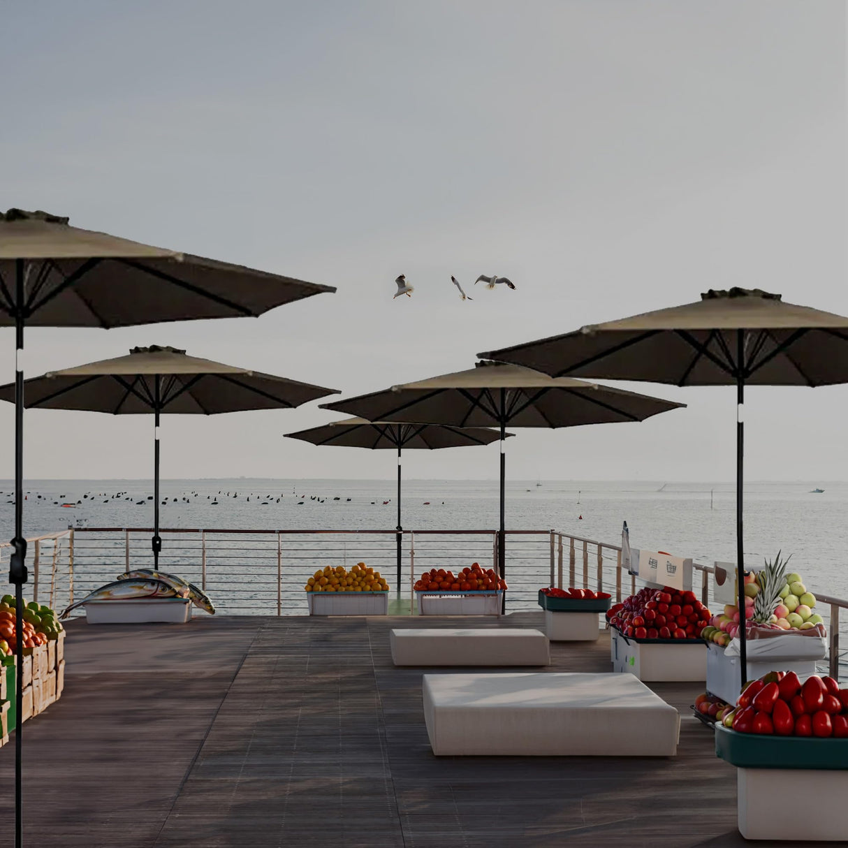 Four Seasons Courtyard 9 Foot Patio Market Umbrella Round Polyester Fabric Outdoor Backyard Shaded Canopy with Crank Lift and Auto Tilt, Taupe Four Seasons Courtyard