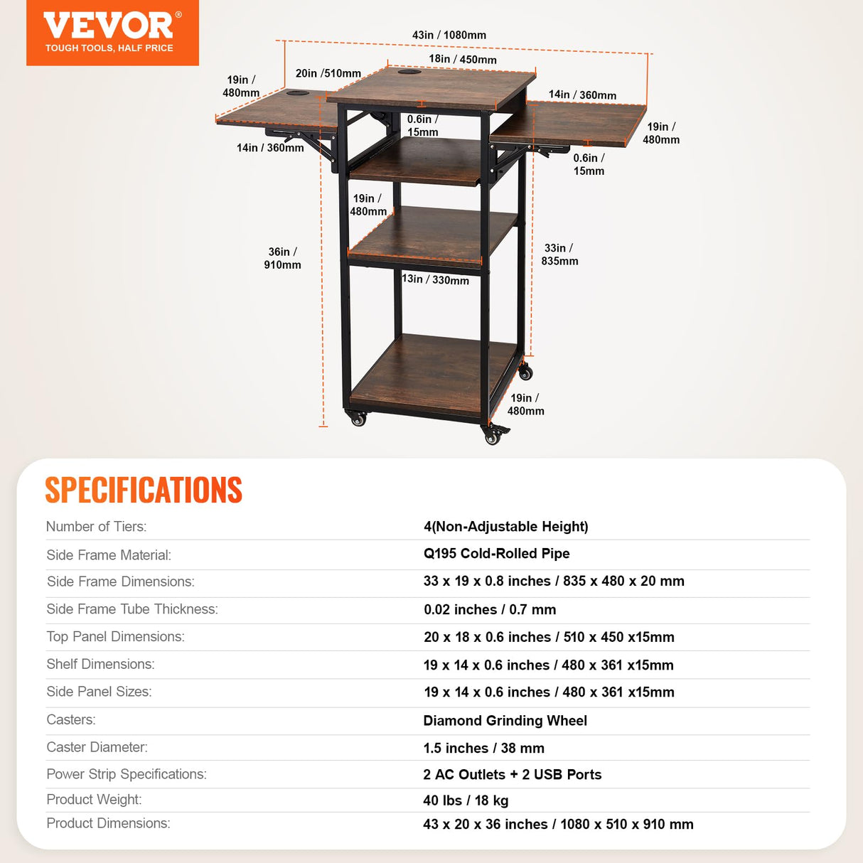 VEVOR Movable Heat Press Table with Charging Station, 4 Tier Foldable Heat Press Stand with Pull-Out Tray for Heat Transfer Sublimation Printer Sublimation Transfer Machine Organization VEVOR
