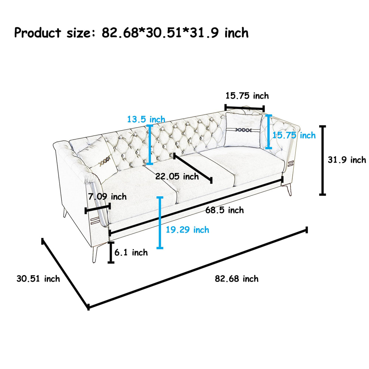 UDiaoszAM 3 Seater 82" Chesterfield Sofa, Wide and Thick Cloud Couch with Tuxedo Arm Tufted Back, Plush Velvet Fabric Sofa Comfy Couches for Living Room with Two Pillows (2, Grey) UDiaoszAM