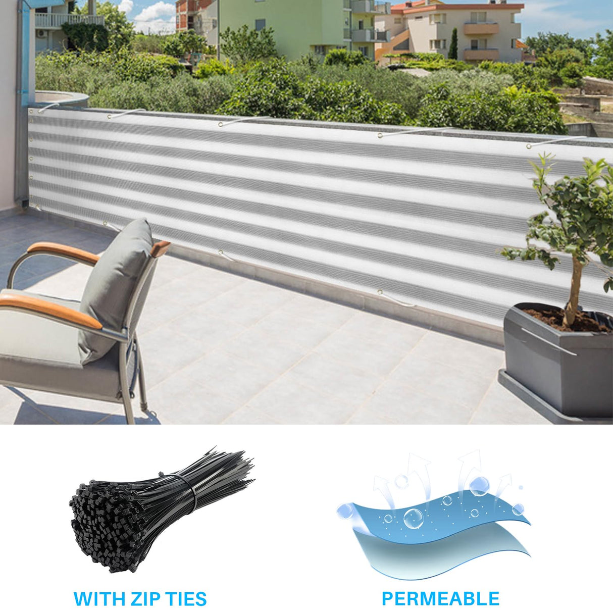 Patio 3' x 20' Balcony Privacy Screen Apartment Railing Covers Fence Panels for Outdoor, Temporary Fencing for Porch Deck Backyard Net Mesh with Zip Ties, Gray White Stripe Patio