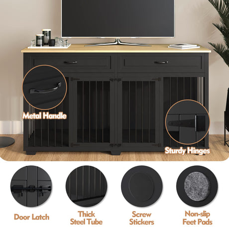 PIAOMTIEE Dog Crate Furniture, 72.4 Inch Wooden Dog Kennel, Modern Decorative Dog House, Dog Crate End Table with Double Doors, Drawers, Divider, Indoor Dog Cage for Large Medium Dogs, Black PIAOMTIEE