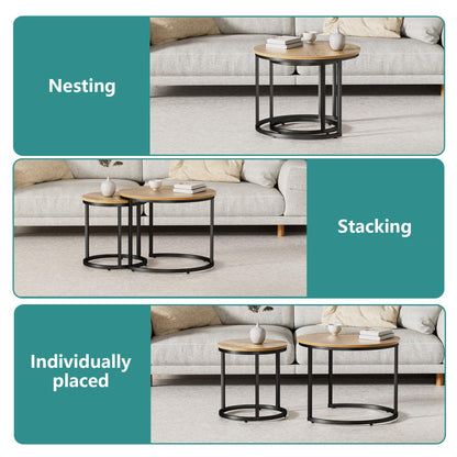 Smuxee Nesting Coffee Table Set of 2, 23.6" Round Coffee Table Brown Wood with Adjustable Non-Slip Feet, Industrial End Table Side Tables for Living Room Bedroom Balcony Yard - WoodArtSupply