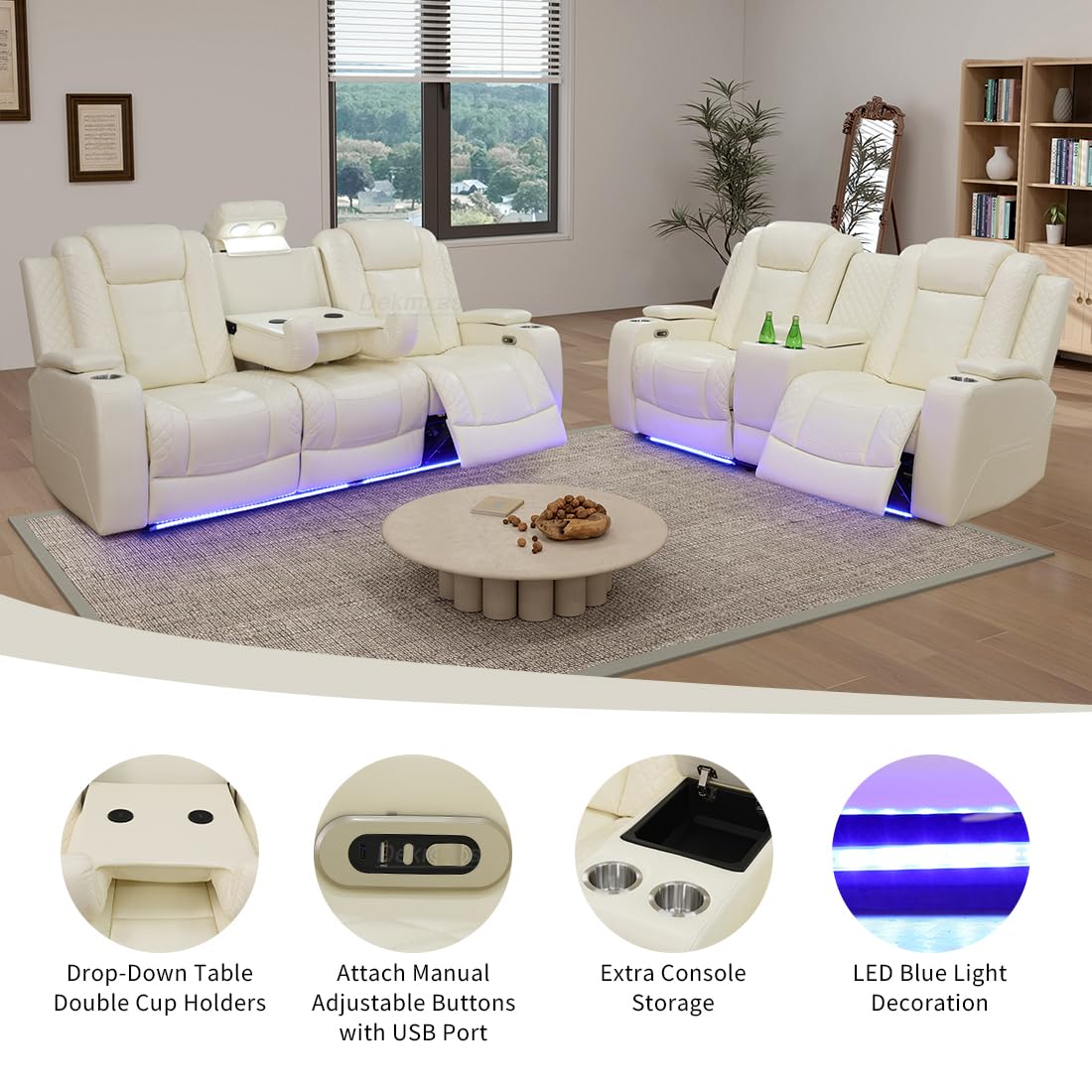 Living Room Sofa Set Reclining Breathing Leather Dekmxas Living Room Furniture Set Sofa, Loveseat with Storage Console/Cup Holders/LED Light/USB Port for Apartment, Office(Creamy White, Sofa+loveseat) Dekmxas