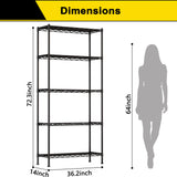 GIOTORENT 5-Wire Garage Shelving Storage Shelves, Metal Shelf Organizer 1750Lbs Capacity, Kitchen Storage Adjustable Shelf for Laundry Bathroom Pantry Closet, Black 36.2''L x 14''W x 72.3''H GIOTORENT