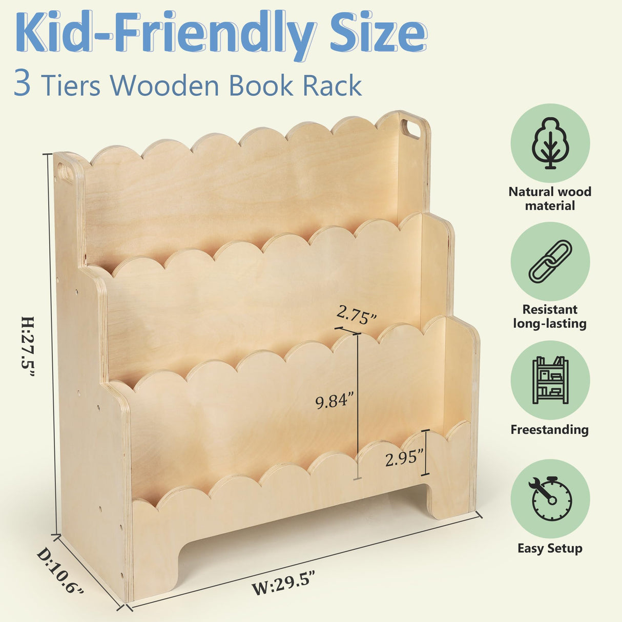 Tohiasen Kids Bookshelf Wooden 3-Tier, Scalloped Book Shelf for Kids Rooms, Front Facing Toddler Montessori Bookshelf, Baby Nursery Book Shelves Kids Classroom Bookshelf Bookcase Tohiasen