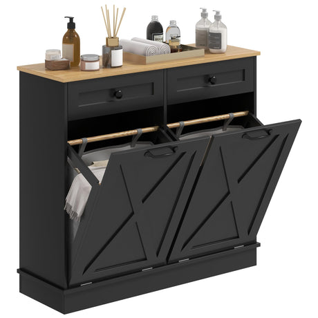 HOMCOM Tilt Out Laundry Hamper Cabinet with 2 Removable Baskets, Freestanding Bathroom Storage Cabinet with 2 Drawers, Trash Can Cabinet for Living Room, Laundry Room, Black HOMCOM