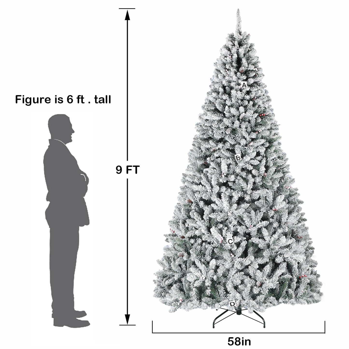 Hykolity 9 ft Prelit Snow Flocked Christmas Tree, Christmas Tree with Pine Cones and Berries, 600 Color Changing LED Lights, 2100 Branch Tips, Metal Stand and Hinged Branches, 10 Color Modes