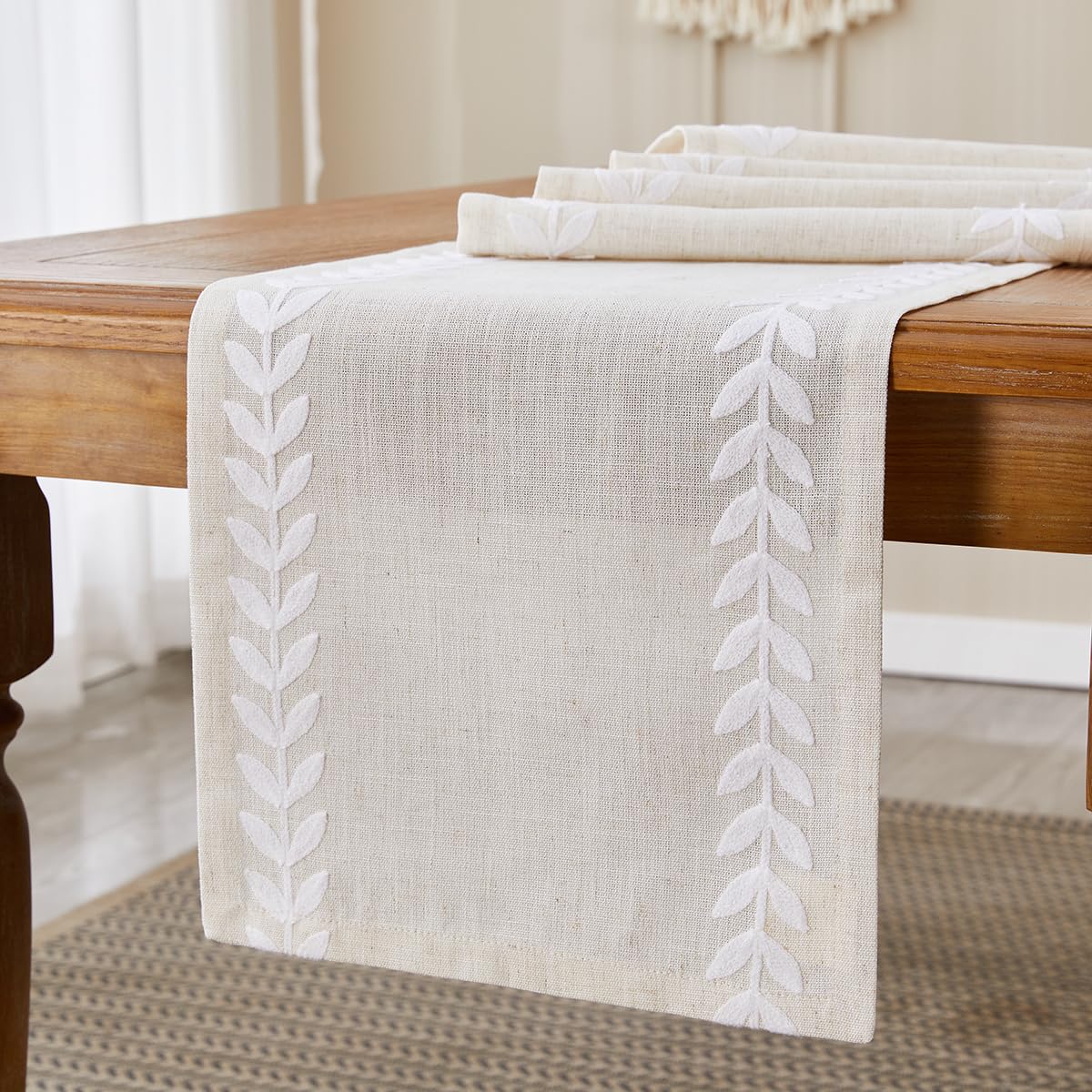 Wracra Embroidered Table Runner Irregular Willow Leaf Table Runners 72 Inches Long For Dresser Home Dining Table Decor,14 x 72 Inch, White Wracra