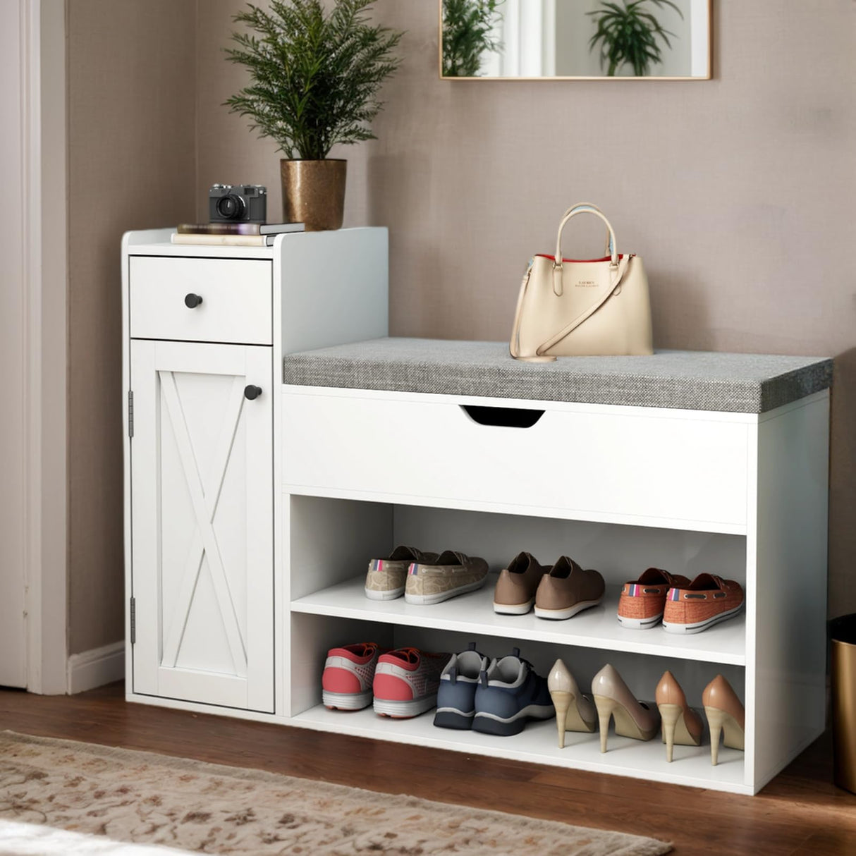 Gyfimoie Shoe Storage Bench, Farmhouse Entryway Bench with Drawer, 2-Tier Shoe Bench with Seat Cushion & Lift Top Storage Box, Slim Shoe Cabinet Bench for Entryway, Living Room, Bedroom (White) Gyfimoie