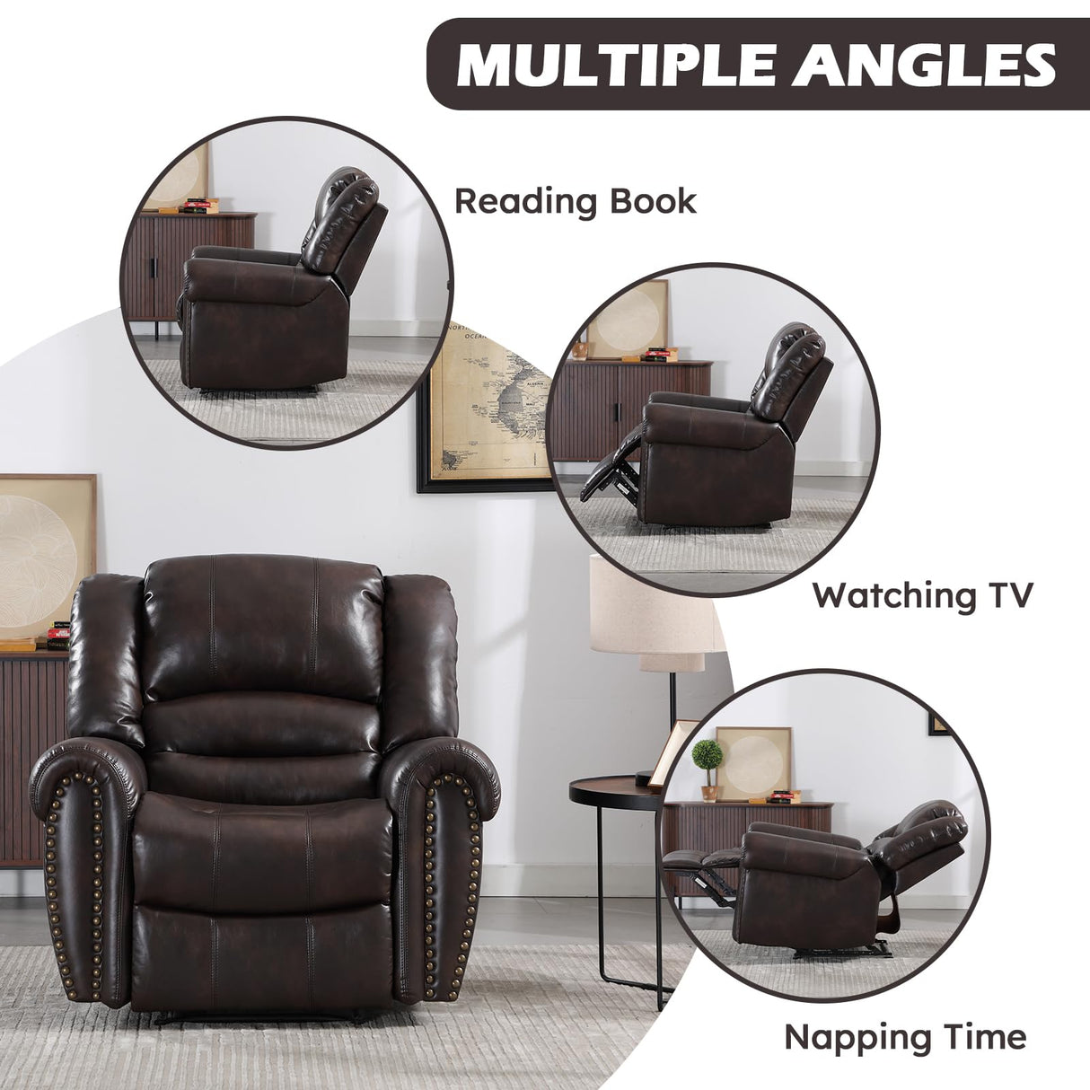 CANMOV Leather Recliner Chair, Classic and Traditional Manual Recliner Chair with Comfortable Arms and Back Single Sofa for Living Room, Dark Brown CANMOV