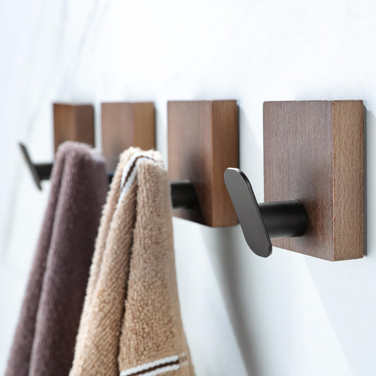 DELITON Adhesive Wood Towel Hooks - Heavy Duty Coat Hooks Wall Hooks Without Drilling Hanging for Robe, Towel, Bag Stick on Farmhouse Bathroom Bedroom Entryway 4 Packs Burned Brown