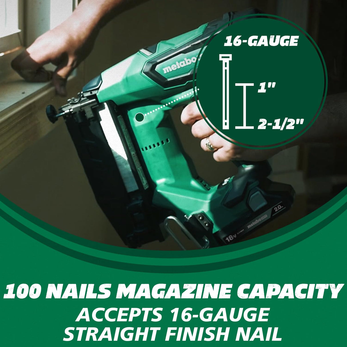 Metabo HPT 18V MultiVolt™ Straight Cordless Finish Nailer Kit, 16 Gauge Finish Nailer, (1) 18V 2.0Ah Lithium Ion Battery w/Fuel Gauge, Accepts Finish Nails, Lifetime Power Tool Warranty, NT1865DMST Metabo HPT