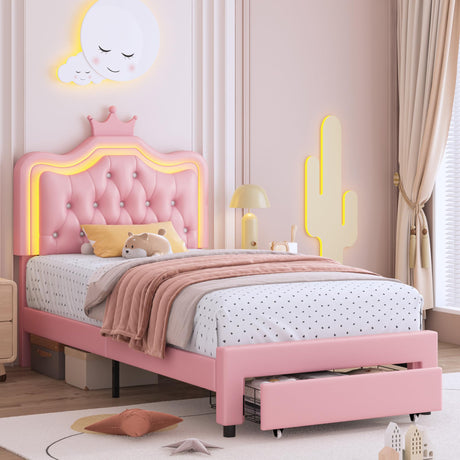 Keyluv Twin Upholstered LED Bed Frame with Storage Drawer, Leather Princess Platform Bed with Adjustable Crystal Button Tufted Crown Headboard, Solid Wooden Slats Support, No Box Spring Needed, Pink Keyluv