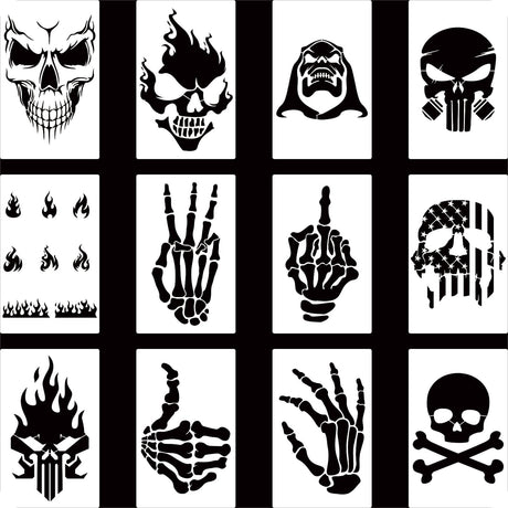 YKW Skull Stencils, 12Pcs Reusable Skeleton Hand Painting Templates, for Wood Walls Chalkboards Rocks DIY Art Projects,Ideal for Crafters, Artists, and Designers YKW